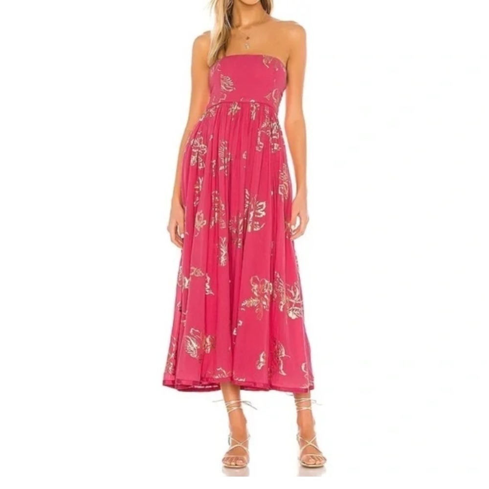 Free People Baja Babe Midi Dress Pink Gold Foil Sleeveless Medium EUC - Picture 1 of 8